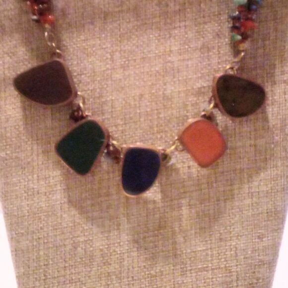 Multi Gemstone Chip and Slab Beaded Necklace * - Picture 2 of 5